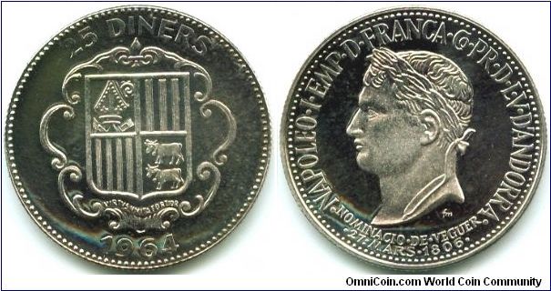 Andorra, 25 diners 1964.
Napoleon I. Mintage 2350 only.