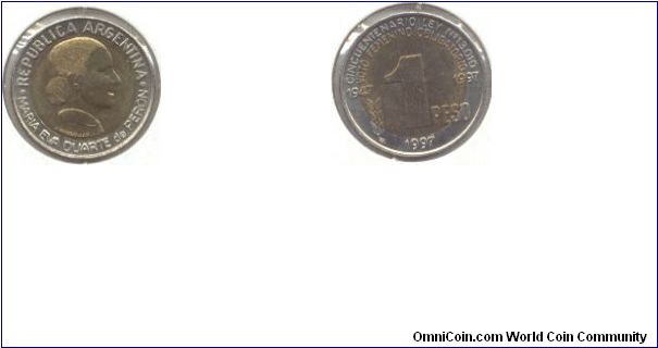 Bimetallic 1 Peso. Female vote commemorative. Portrait of Evita.