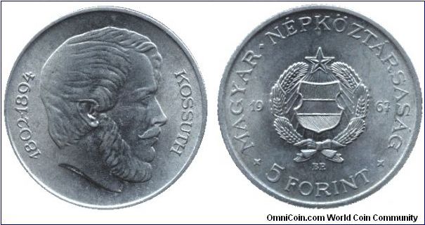 Hungary, 5 forint, 1967, Cu-Ni, with Lajos Kossuth, leader of the 1848 Revolution and Independence War.                                                                                                                                                                                                                                                                                                                                                                                                             