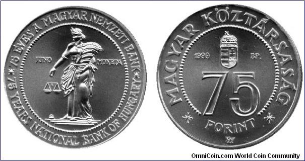 Hungary, 75 forint, 1999, Ag, commmemorating the 75th anniversary of the Hungarian National Bank. Unusual denomination.                                                                                                                                                                                                                                                                                                                                                                                             