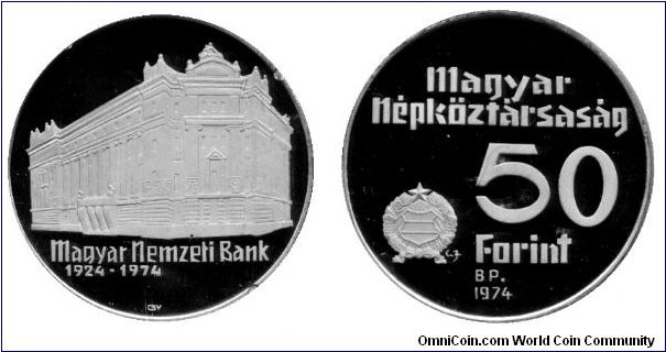 Hungary, 50 forint, 1974, Ag, commemorating the 50th anniversary of the Hungarian National Bank.                                                                                                                                                                                                                                                                                                                                                                                                                    