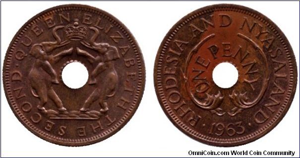 Rhodesia, 1 penny, 1963, Bronze, from Rhodesia and Nyasaland. Holed with elephant.                                                                                                                                                                                                                                                                                                                                                                                                                                  