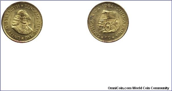 South Africa, 1 penny, 1964, Brass, Farm-wagon, Jan van Riebeek.                                                                                                                                                                                                                                                                                                                                                                                                                                                    
