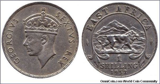 East-Africa, 1 shilling, 1952, Cu-Ni. Lion on it.                                                                                                                                                                                                                                                                                                                                                                                                                                                                   