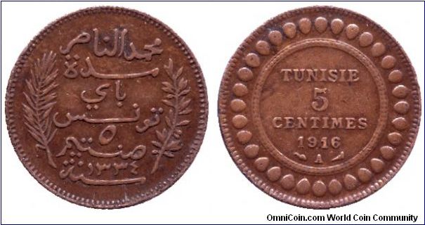 Tunisia, 5 centimes, 1916, Bronze.                                                                                                                                                                                                                                                                                                                                                                                                                                                                                  