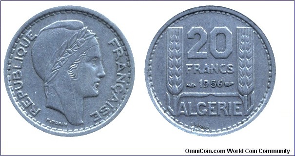 Algeria, 20 francs, 1956, Cu-Ni.                                                                                                                                                                                                                                                                                                                                                                                                                                                                                    