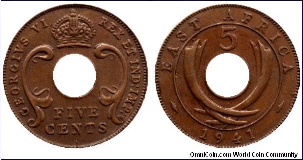 East-Africa, 5 cents, 1941, Bronze. Originally holed.                                                                                                                                                                                                                                                                                                                                                                                                                                                               