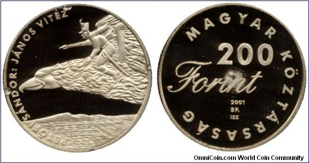 Hungary, 200 forints, 2001, Cu-Ni-Zn. Commemorating the popular Hungarian literature János Vitéz that is John the Valiant.                                                                                                                                                                                                                                                                                                                                                                                          