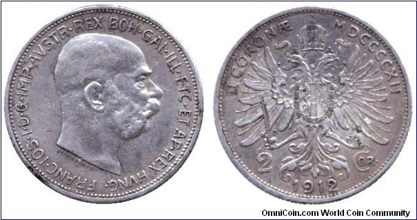 Austria, 2 corona, 1912, Ag, picture of Franz Joseph I.                                                                                                                                                                                                                                                                                                                                                                                                                                                             