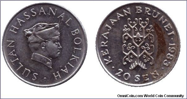 Brunei, 20 sen, 1983, Cu-Ni, with the picture of Sultan Hassanal Bolkiah.                                                                                                                                                                                                                                                                                                                                                                                                                                           