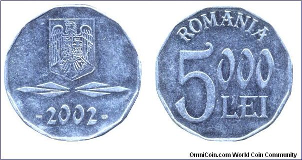 Romania, 5000 lei, 2002, Al, 24mm, 2.5g, dodecaedratic.                                                                                                                                                                                                                                                                                                                                                                                                                                                             