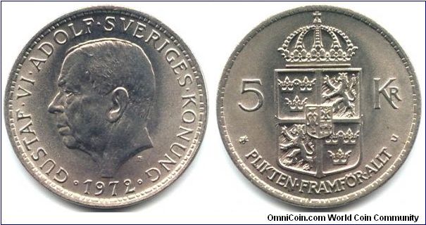 Sweden, 5 kronor 1972.
King Gustaf VI Adolf.