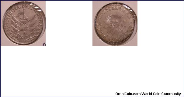 2 Reales Silver coin from Cordoba (provincial coinage) - reverse is double strike