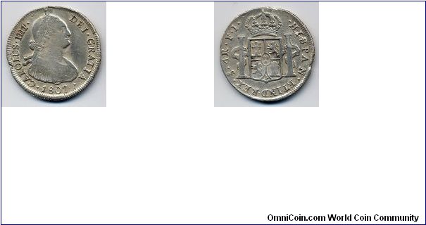 4 Reales silver coin struck at the Santiago mint under the Spanish rule of Charles IV