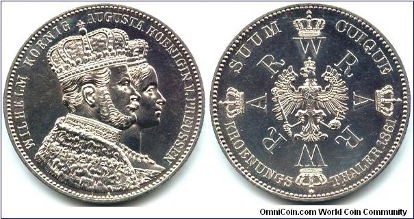 Prussia, 1 vereinsthaler 1861.
Coronation of King Wilhelm I and Queen Augusta.