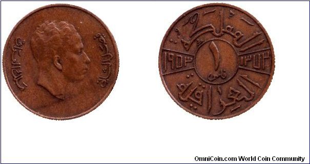 Iraq, 1 fil, 1953, Bronze, King Faisal II                                                                                                                                                                                                                                                                                                                                                                                                                                                                           