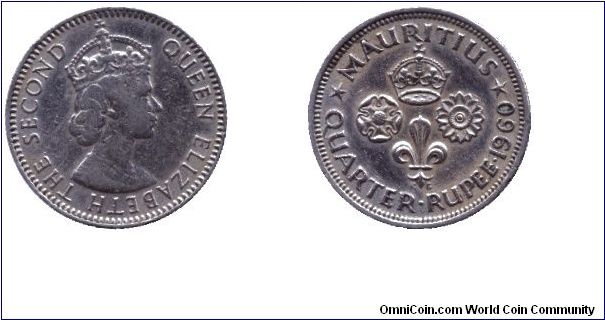 Mauritius, 1/4 rupee, 1960, Cu-Ni, Queen Elizabeth II.                                                                                                                                                                                                                                                                                                                                                                                                                                                              