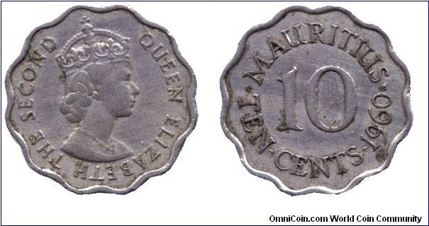 Mauritius, 10 cents, 1960, Cu-Ni, Queen Elizabeth II.                                                                                                                                                                                                                                                                                                                                                                                                                                                               