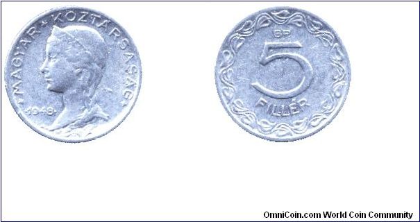 Hungary, 5 fillér, 1948, Al. This coin is from the First Republic before the People's Republic era.                                                                                                                                                                                                                                                                                                                                                                                                                 