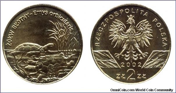 Poland, 2 zlote, 2002, Turtle (Emys orbiculuaris).                                                                                                                                                                                                                                                                                                                                                                                                                                                                  