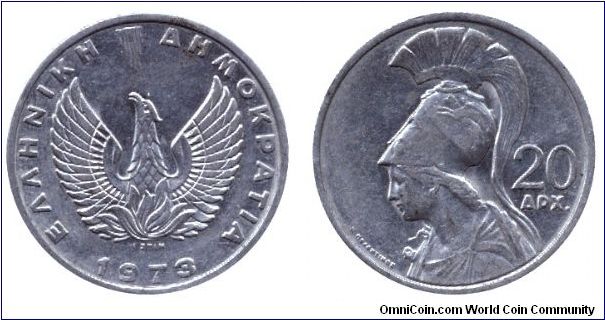 Greece, 20 drahmas, 1973, Cu-Ni, Phoenix, Amazon                                                                                                                                                                                                                                                                                                                                                                                                                                                                    