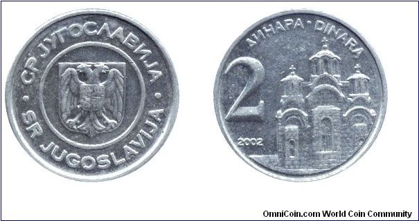 SR Yugoslavia, 2 dinara, 2002, Pravoslav church.                                                                                                                                                                                                                                                                                                                                                                                                                                                                    
