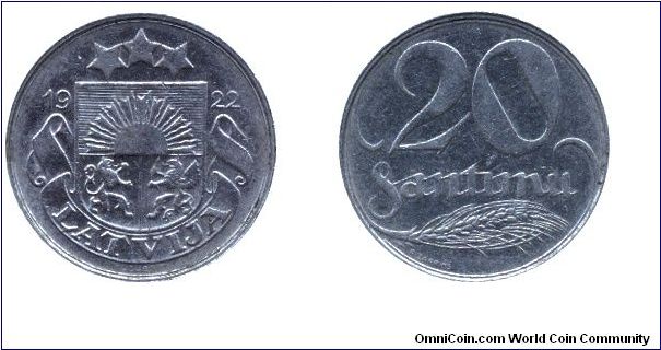Latvia, 20 santimu, 1922, Ni.                                                                                                                                                                                                                                                                                                                                                                                                                                                                                       