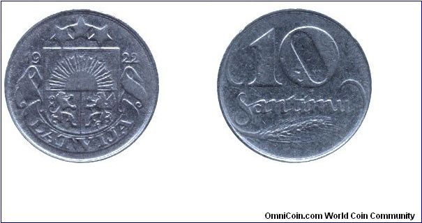 Latvia, 10 santimu, 1922, Ni.                                                                                                                                                                                                                                                                                                                                                                                                                                                                                       