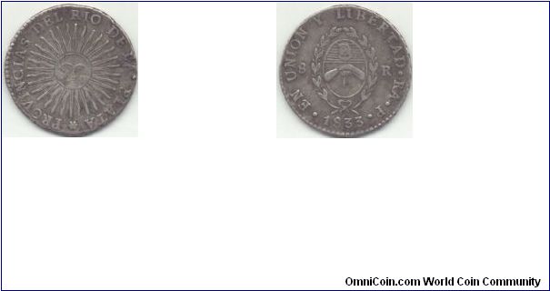 8 Reales silver crown struck for Provincias del Rio de la Plata in Argentina