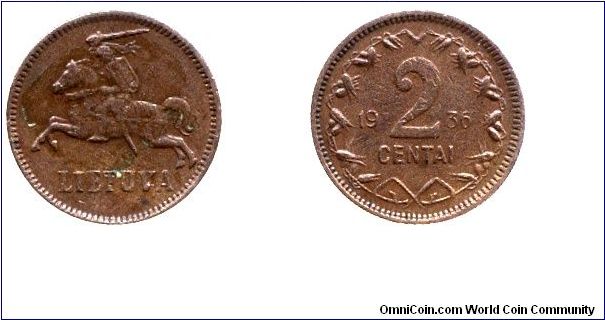 Lithuania, 2 centai, Bronze, 1936.                                                                                                                                                                                                                                                                                                                                                                                                                                                                                  