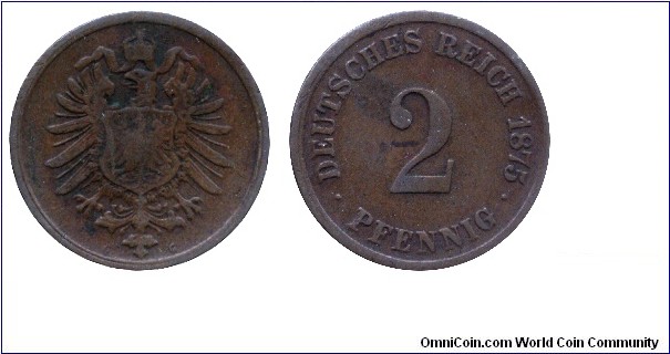 Germany, 2 pfennig, 1875, Cu, 20mm, 3.33g, MM: G (Karlsruhe), Imperial Eagle.