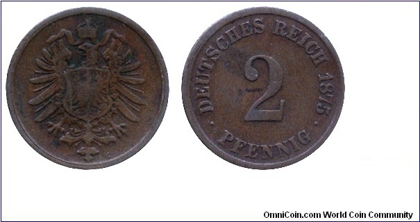 Germany, 2 pfennig, 1875, Cu, 20mm, 3.33g, MM: G (Karlsruhe), Imperial Eagle.