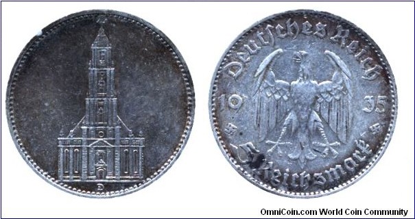 Third Empire, 5 mark, 1935, Ag, 29mm, 13.88g, MM: D (Munich), Potsdam Garrison Church.