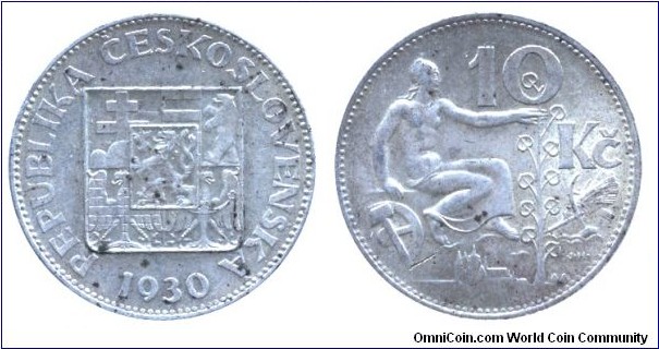Czechoslovakia, 10 korun, 1930, Ag, 30mm, 10g.