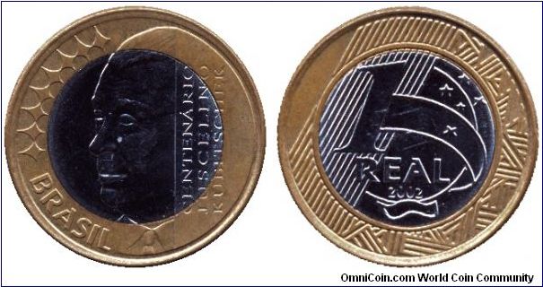 Brazil, 1 real, 2002, Centenario Juscelino Kubitschek.                                                                                                                                                                                                                                                                                                                                                                                                                                                              