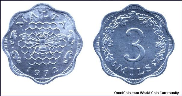 Malta, 3 mils, 1972, Al, Bee.                                                                                                                                                                                                                                                                                                                                                                                                                                                                                       