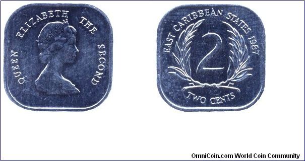 East Caribbean States, 2 cents, 1987, Al, Queen Elizabeth II.                                                                                                                                                                                                                                                                                                                                                                                                                                                       