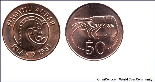 Iceland, 50 aurar, 1981, Bronze, 20mm, shrimp, Stylized Dragon.