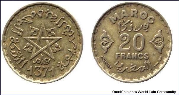 Morocco, 20 francs, 1952, Al-Bronze, AH 1371                                                                                                                                                                                                                                                                                                                                                                                                                                                                        