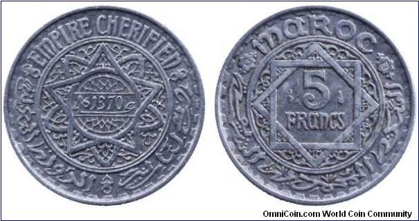 Morocco, 5 francs, 1951, Al, AH 1370.                                                                                                                                                                                                                                                                                                                                                                                                                                                                               