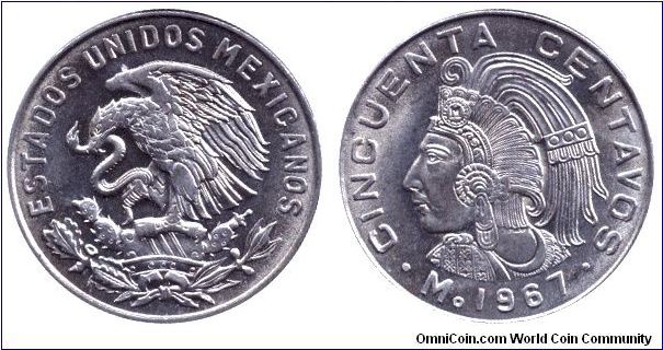 Mexico, 50 centavos, 1967, Cu-Ni, Cuauhtemoc.                                                                                                                                                                                                                                                                                                                                                                                                                                                                       