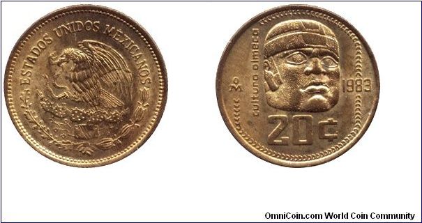 Mexico, 20 centavos, 1983, Cu-Ni, Cultura Almeca.                                                                                                                                                                                                                                                                                                                                                                                                                                                                   