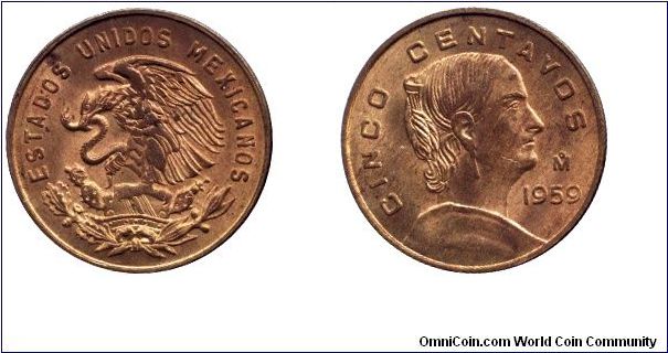 Mexico, 5 centavos, 1959, Brass, White Josefa.                                                                                                                                                                                                                                                                                                                                                                                                                                                                      