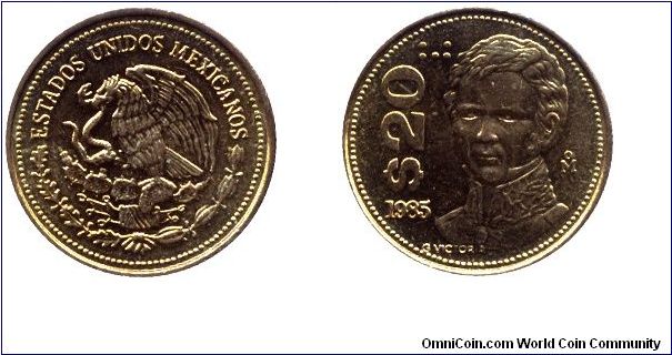 Mexico, 20 pesos, 1985, Brass, Guadalupe Victoria, First President.                                                                                                                                                                                                                                                                                                                                                                                                                                                 