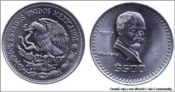 Mexico, 500 pesos, 1987, Cu-Ni, Francisco Madero                                                                                                                                                                                                                                                                                                                                                                                                                                                                    