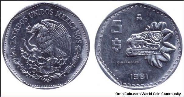 Mexico, 5 pesos, 1981, Cu-Ni, Quetzalcoatl.                                                                                                                                                                                                                                                                                                                                                                                                                                                                         