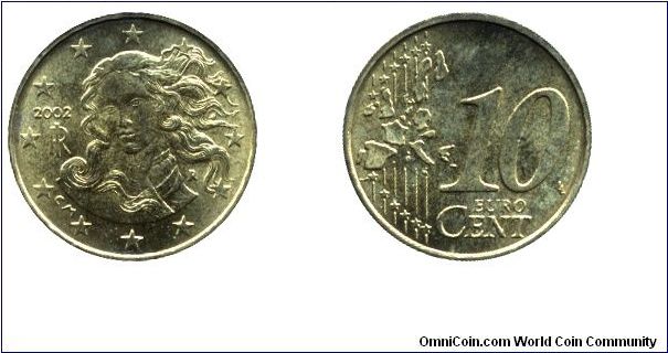 Italy, 10 euro cents, 2002,  Cu-Al-Zn-Sn, 19.75mm, 4.1g, MM: R (Rome), Botticelli: The Birth of Venus.                                                                                                                                                                                                                                                                                                                                                                                                              
