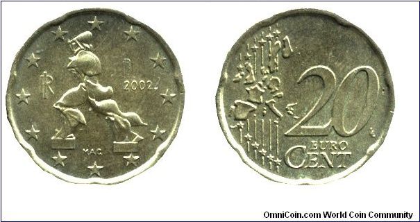 Italy, 20 euro cents, 2002, Cu-Al-Zn-Sn, 22.25mm, 5.74g, MM: R (Rome), A sculpture of  Umberto Boccioni, Italian Futurist.                                                                                                                                                                                                                                                                                                                                                                                          
