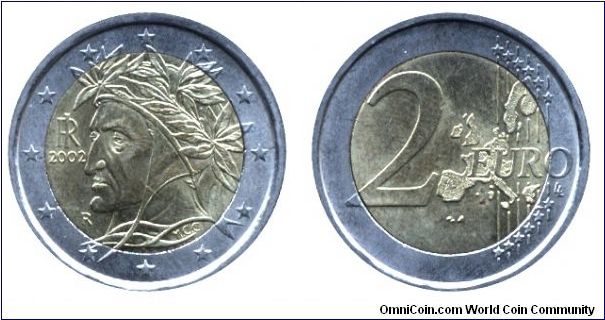 Italy, 2 euros, 2002, Cu-Ni-Ni-Brass, bimetallic, 25.75mm, 8.5g, MM: R (Rome), Raffaello's Dante portrait. The original is in Vatican City.                                                                                                                                                                                                                                                                                                                                                                         