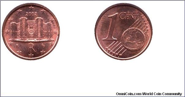 Italy, 1 euro cent, 2002, Cu-St, 16.25mm, 2.3g, MM: R (Rome), Castel del Monte.                                                                                                                                                                                                                                                                                                                                                                                                                                     